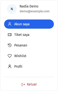 Menu Tiket saya, Pesanan, Wishlist, Profil, dan Keluar