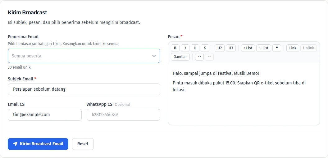 Penerima, subjek, isi pesan, dan kontak panitia