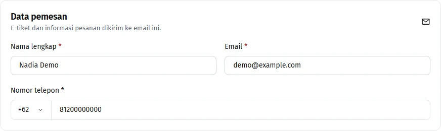 Nama, email, dan nomor telepon pemesan