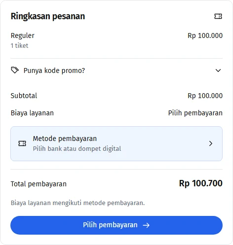 Ringkasan tiket, biaya layanan, dan total pembayaran