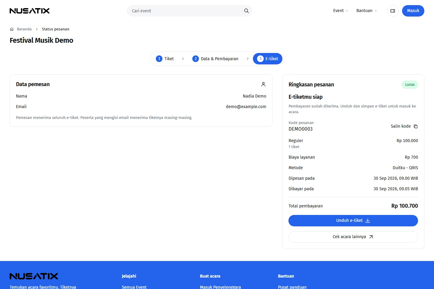 Pesanan lunas dan akses e-tiket