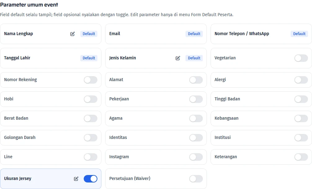 Pilihan data peserta yang dapat diaktifkan