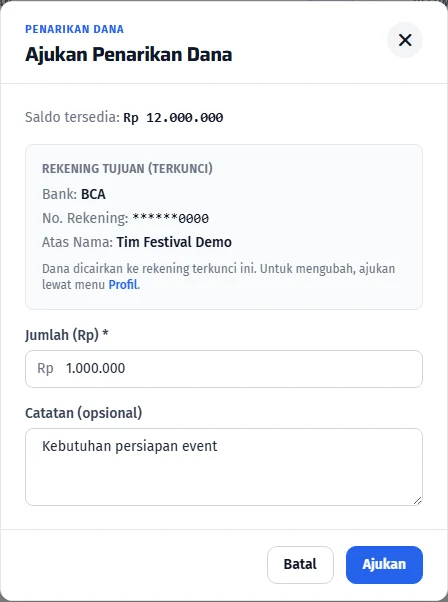 Saldo tersedia, nominal pengajuan, dan rekening penyelenggara
