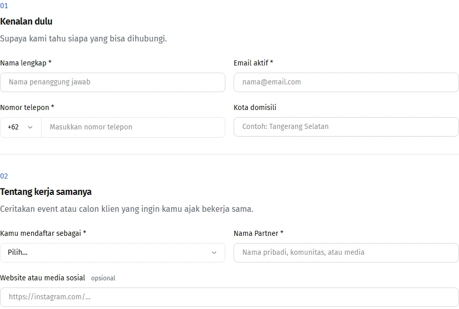 Identitas pendaftar serta informasi peluang kerja sama