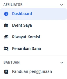Navigasi Dashboard, Event Saya, Riwayat Komisi, dan Penarikan Dana