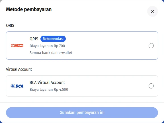 Pilihan QRIS atau Virtual Account beserta biaya layanan