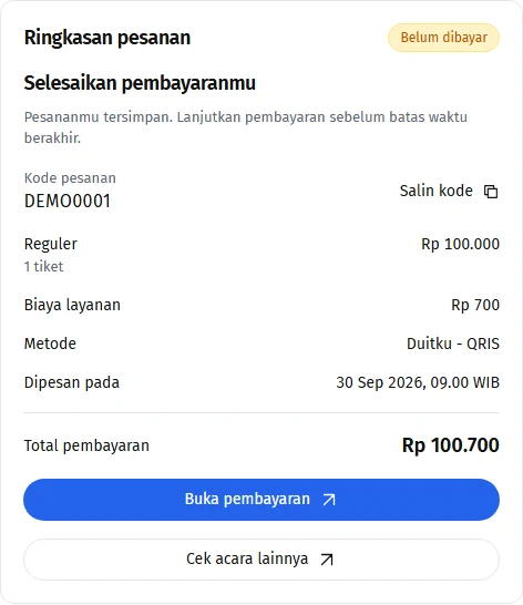 Kode pesanan, metode, total, dan Buka pembayaran