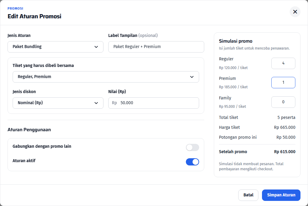 Kategori tiket yang wajib dibeli bersama untuk Bundling