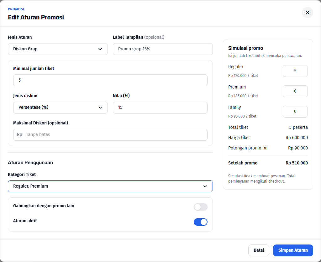 Minimal jumlah tiket dan besaran Diskon Grup