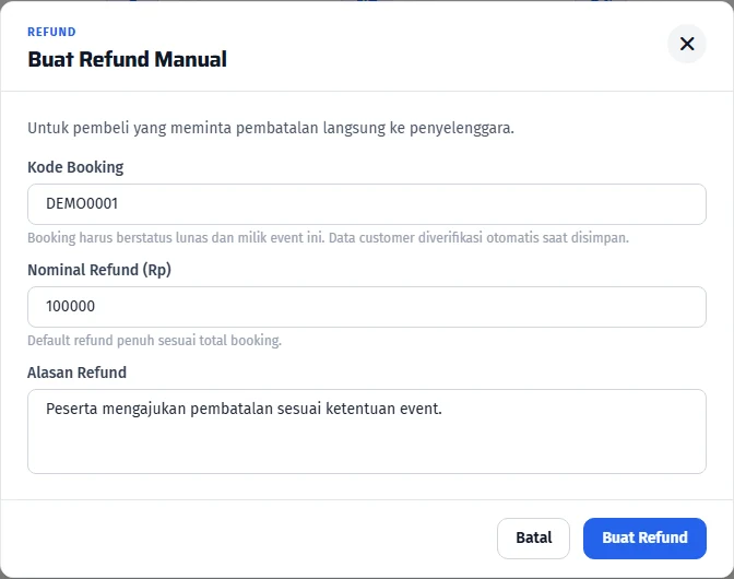 Kode pesanan, nominal, dan alasan pengajuan refund