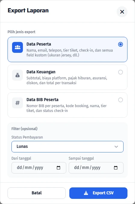 Jenis data, status pembayaran, dan periode ekspor