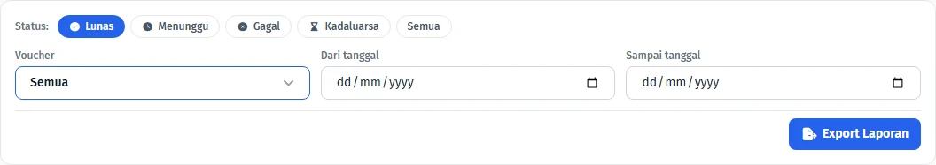 Filter status pembayaran, voucher, dan periode laporan