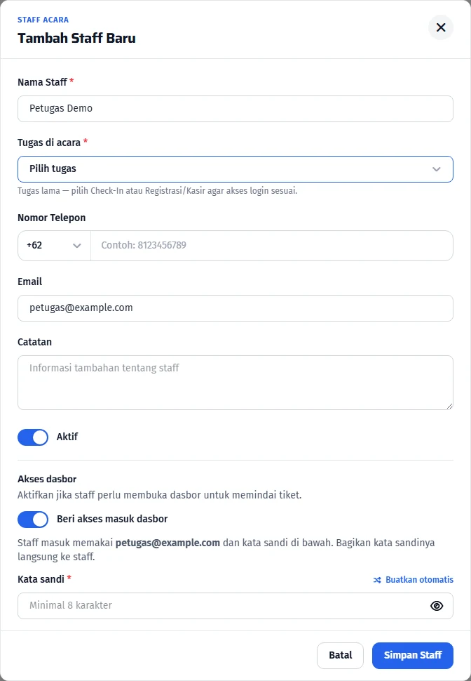 Identitas petugas, tugas di acara, dan akses dasbor