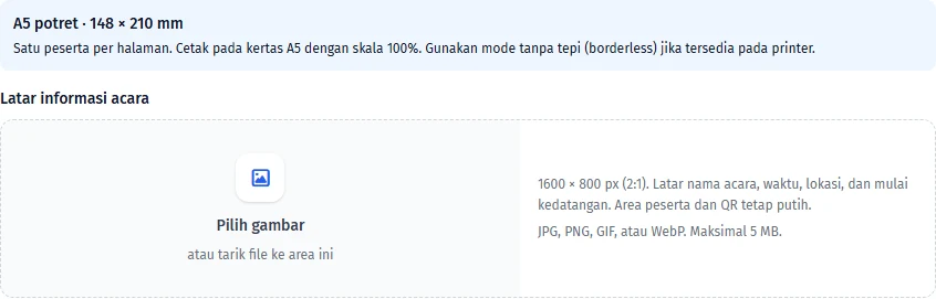 Ukuran cetak e-tiket dan unggahan latar informasi acara